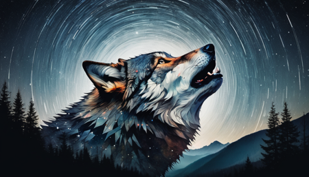 surreal double exposure portrait of a beautiful howling wolve in dark mountain forest scenery against star trail starry night, by Dave White, Conrad Roset, Brandon Kidwell, Andreas Lie, Dan Mountford, Agnes Cecile, triadic colours, thick opaque strokes, accurate depth of field, hyper detailed, whimsical, dynamic, dreamy masterwork