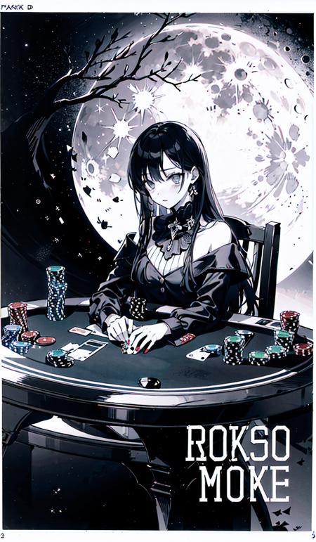 masterpiece,best quality,1girl,(solo:1.5),monochrome,lineart,comic cover,Title,panorama,(Poker style,moon:1.2),<lora:manhuav1.2:0.5>,Border,A of spades,