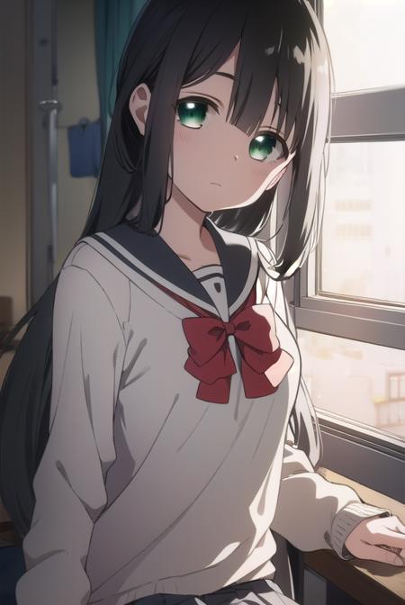 mimoritougou, <lyco:mimoritougou-lyco-nochekaiser:1>,
mimori tougou, long hair, (black hair:1.5), (green eyes:1.5),
BREAK skirt, long sleeves, school uniform, bow, bowtie, serafuku, red bow, cardigan,
BREAK looking at viewer,
BREAK indoors, classroom,
BREAK <lora:GoodHands-vanilla:1>, (masterpiece:1.2), best quality, high resolution, unity 8k wallpaper, (illustration:0.8), (beautiful detailed eyes:1.6), extremely detailed face, perfect lighting, extremely detailed CG, (perfect hands, perfect anatomy),