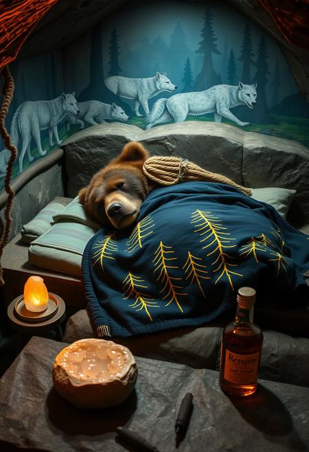 Closeup of a drunk degenerate grizzly bear sleeping on a stone bed in a cozy cave bedroom. There is a blue/green mural depicting wolves and bears on the back wall. There is a thin mattress on the stone bed and the bear is under a dark blue blanket with a forest theme drawn in yellow strokes. The dimly lit room is illuminated by a salt stone lamp on a small bedside table next to an empty rum bottle.
