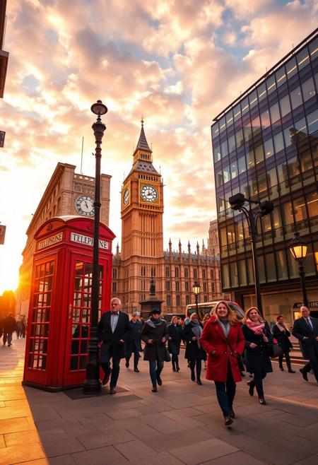 This is a vibrant photograph capturing a bustling street scene in London, England, during sunset. The focal point is the iconic red telephone booth on the left side of the image, its bright red color contrasting sharply with the beige and cream-colored stone buildings in the background. The telephone booth is positioned slightly to the left, with a traditional black lamppost next to it. 
Dominating the background is the towering Big Ben clock tower, bathed in warm, golden hues from the setting sun, which casts a soft glow on the building's intricate Gothic architecture. The clock face is visible, showing the time as 4:00. To the right of Big Ben, a modern glass and steel building is visible, contrasting with the historical structures.
The street is paved with large, rectangular stone tiles, reflecting the light from the streetlamps and the setting sun. Several pedestrians, dressed in winter coats and scarves, walk along the street, some heading towards the camera, while others are walking away. The sky above is a mix of soft orange, pink, and blue, with scattered clouds. The overall atmosphere is vibrant, historic, and bustling, capturing the essence of London's iconic architecture and daily life.