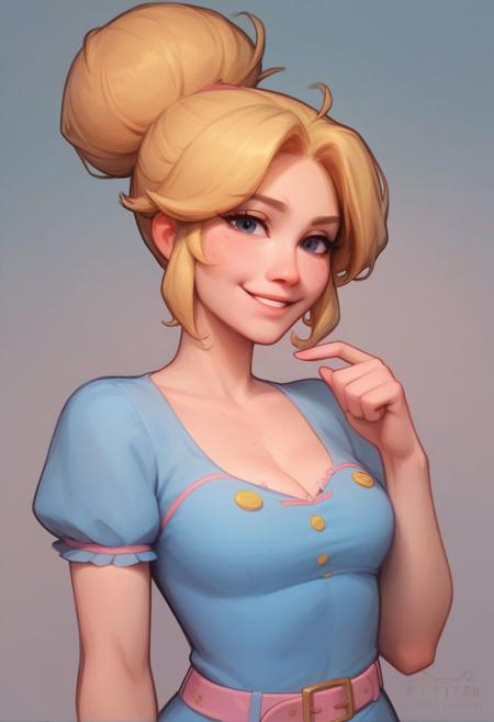 score_9, score_8_up, score_7_up, <lora:bspiper:1>bspiper , 1 girl blonde hair  ,hair bun    ,blue dress , ,pink belt ,upper body,  ,short sleeves,short dress,  <lora:Kittew-4RCH0N:1> cleavage, bright smile, looking at viewer