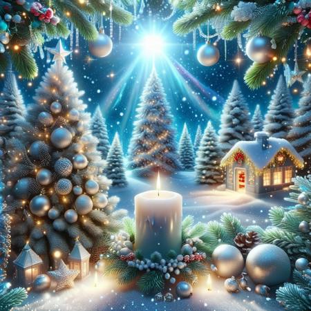 Light blue Christmas candle located on one side of the image. Background with Christmas pine branches, colorful lights. Back ground Large Christmas tree, with bright silver and light blue and multicolored garlands. Background from light blue to silver light scale. 3D rendering, fashion, cute, fantasy art, high definition, ultra-real, Christmas style.