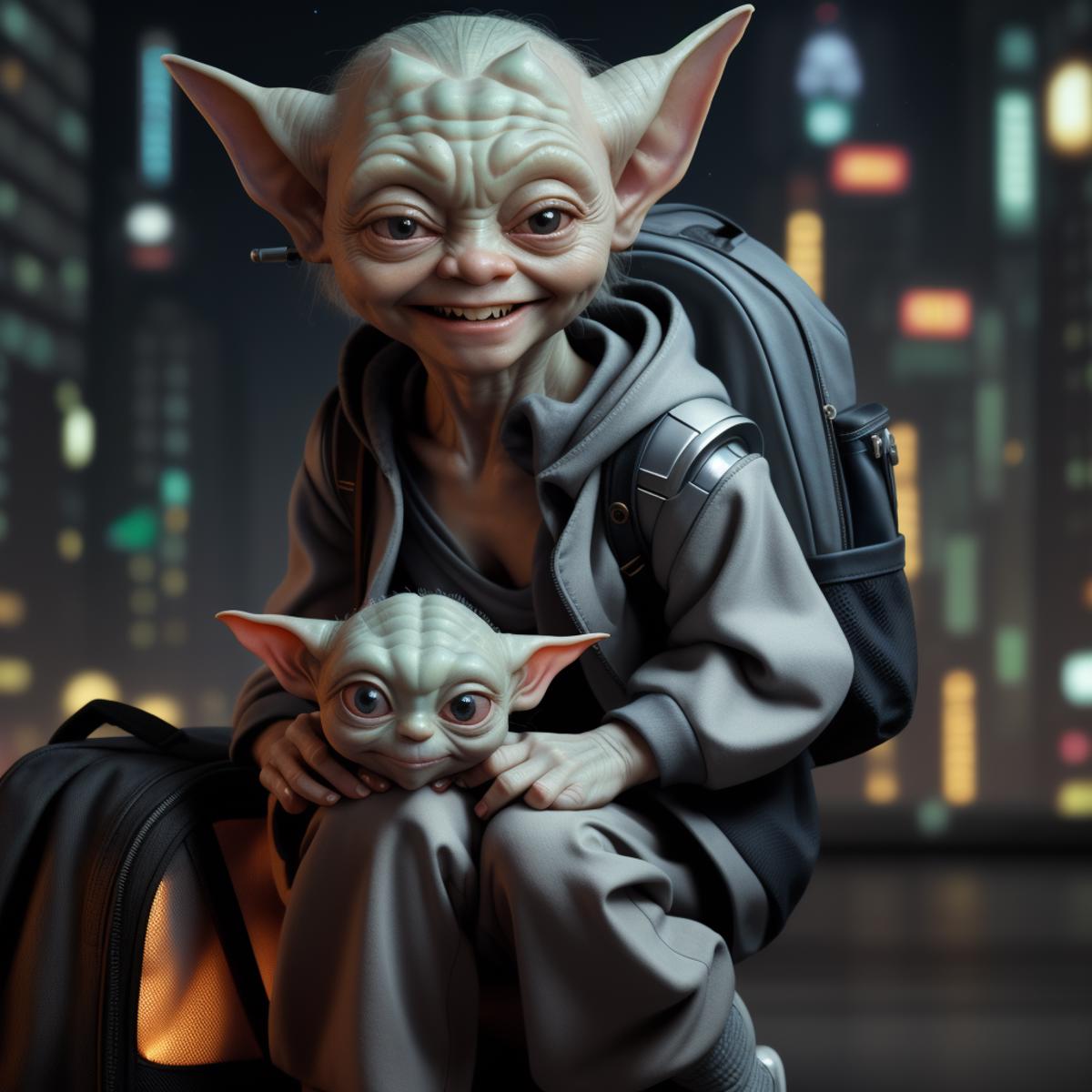 One gollum holding in her backpack one cute Baby Yoda Grogu smiling ...