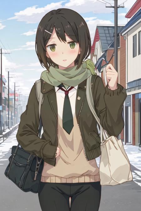 best quality, masterpiece, highres, solo, {kaede_ikeno_sakuratrick:1.15}, short_hair, hair_ornament, hairclip, blush, black_hair, brown_hair, green_eyes, necktie, 1girl, day, scarf, sky, looking_at_viewer, jacket, outdoors, cloud, green_scarf