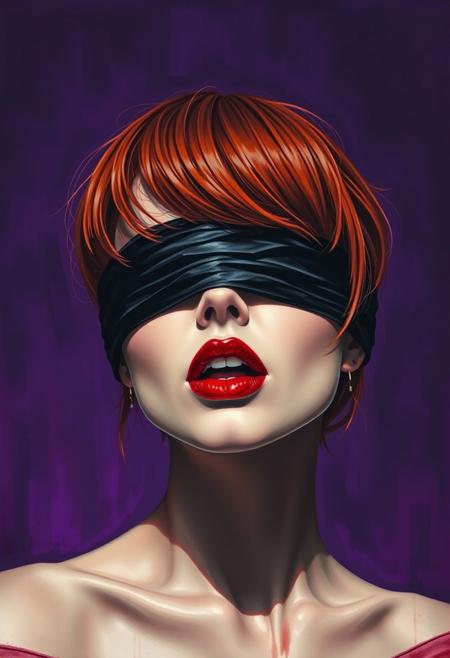 A captivating cinematic illustration features a woman with red brownish hair and a black blindfold, pale skin, partially covering her face. Her tilted head and open mouth exude an intense, seductive exposure. Her vibrant red lips contrast against the intense purple background, creating a sense of seduction and passion. This conceptual art piece captures the essence of desire and mystery, as if it's a still from a dramatic, cinematic scene., cinematic, illustration, painting, conceptual art