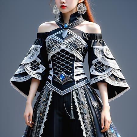 ((best quality)), ((masterpiece)), ((realistic,digital art)), (hyper detailed),DonMF43Dr4g0n upper body clothing, Off-Shoulder Neckline, Jersey, , Quantum Nanowire Data Transmission Lines, Three-Quarter Sleeves, Tea Length, Natural Waist,  Tassels,,Belt,,Resin Wash,,Back Darts,  , lower body clothing, Solar-powered Synthetic, ,  Oversized Fit, Empire Waist,  Lace Trims,,Detachable Train, Button Closure,,Drawstring Waist,,Utility Loops,,Distressed Details  , <lora:DonMF43Dr4g0nXL-000012:1>