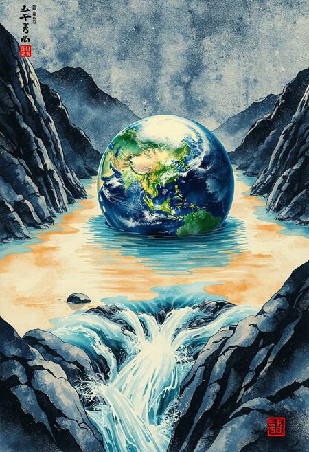 The Earth flows backwards down a great river and floats on its surface.
Japanese art style, Japanese ink painting, 
best quality, sharp focus, high contrast, colorful, ultra quality, 8k, best quality,