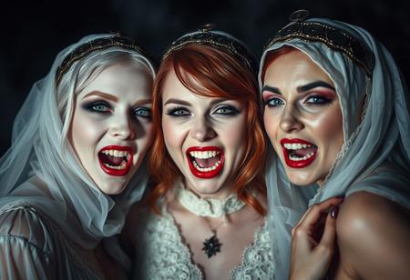 horror scene, super close up shot of The three vampire brides of Dracula, ((Mary is albino, Anna is red hair and Isabella is gypsy)), white pale skin, smokey make up eyes, red lips, showing their fangs dirt grunge white transparent arabesque clothes, arabesque headpiece with ancient coins, partial nudity, beautiful women, sensual poses, erotic, horror scene, at night , cold light, fog, mist,  top light, low saturation, tenebrism, highly detailed,  masterful PHOTOGRAPHY