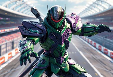 "Yaguramaru Armor Ninja robot, green and purple, silver head, black visor, dynamic pose. F.A. Circuit Grand Prix backdrop. Action stance, arms extended. High-res, 4K, octane render, Unreal Engine 5 pro, splash ink illustration, Raphael style, Houdini style, captivating lighting, dynamic action, isometric view, trending on Artstation, CGSociety, golden ratio."
