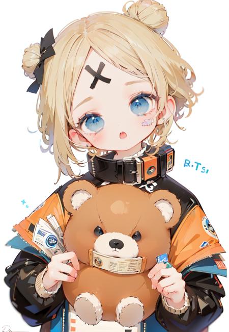 1girl, abigail williams \(fate\), abigail williams \(traveling outfit\) \(fate\), sleeves past fingers, official alternate costume, polka dot bow, solo, sleeves past wrists, polka dot, bow, stuffed toy, orange bow, blonde hair, stuffed animal, blue eyes, single hair bun, hair bow, black bow, teddy bear, hair bun, jacket, bangs, parted bangs, black jacket, long hair, white background, looking at viewer, long sleeves, blush, simple background, open mouth, object hug, head tilt, crossed bandaids, bandaid, :o, holding stuffed toy, bandaid on face, bandaid on forehead, high collar, star \(symbol\), holding, forehead <lyco:ryota:1.0>