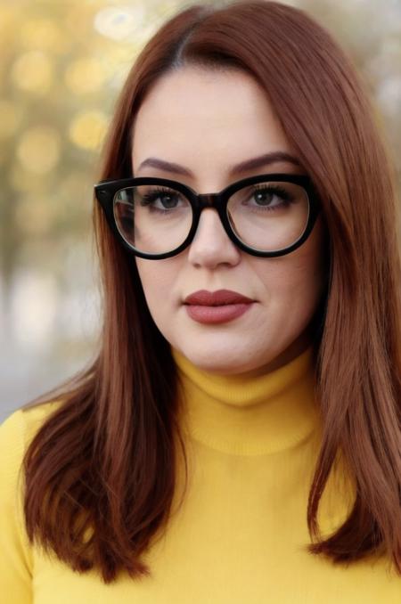 Photo of beautiful j3ssc4r0l1n3 woman, detailed face, (blurred background)+, yellow turtleneck blouse, analog film grain, lipstick, glasses