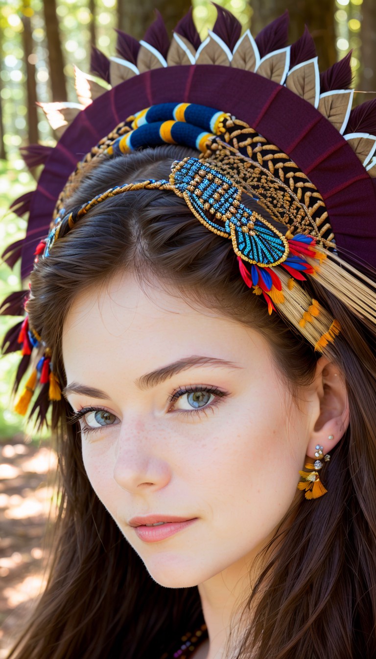 a perfect angle  head shot close-up photo of a woman, macfoy,  posing for the camera, wearing a tribal headdress, intricat...