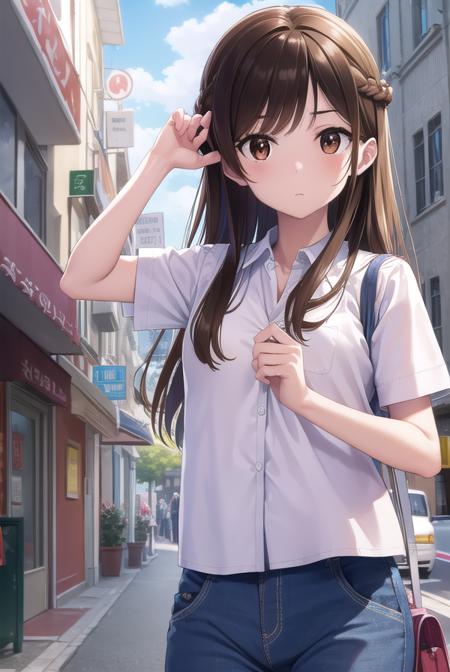 mizuharachizuru, <lora:mizuharachizuru-lora-nochekaiser:1>, 
mizuhara chizuru, long hair, brown hair, (brown eyes:1.7), (one side up:1.5), bangs, braid, hair braid,
BREAK shirt, short sleeves, puffy sleeves, collared shirt, white collar, pink shirt, skirt, blue skirt,
BREAK outdoors, city,
BREAK looking at viewer, (cowboy shot:1.5),
BREAK <lyco:GoodHands-beta2:1>, (masterpiece:1.2), best quality, high resolution, unity 8k wallpaper, (illustration:0.8), (beautiful detailed eyes:1.6), extremely detailed face, perfect lighting, extremely detailed CG, (perfect hands, perfect anatomy),