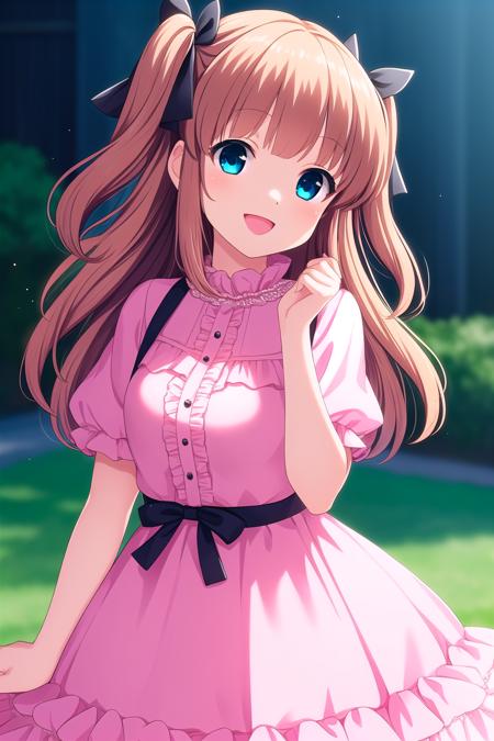 (masterpiece, best quality), highly detailed background, perfect lightingbest quality, yuukinae, solo, outdoors, brown hair, two side up, hair ribbon, black ribbon, long hair, blue eyes, pink dress, frills, smile, open mouth, :d, pink lips, <lora:Yuuki-Nae:0.7>