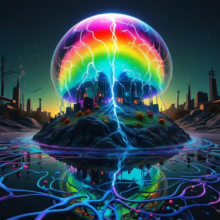 masterpiece ,best quality,amazing quality,very aesthetic,absurdres,newest, soft lightning, artlist:zellam, artist:saitom,  city under protective dome, fox boy, linear hatching, liquid splash, melt, vivid colors, psychedelic, acid trip, highly detailed, absurdres, surreal, meandering lines, rainbow gradient swirls, Striped, warp, distortion, surrealism, scenery,   <lora:Biolumins v1:0.7>