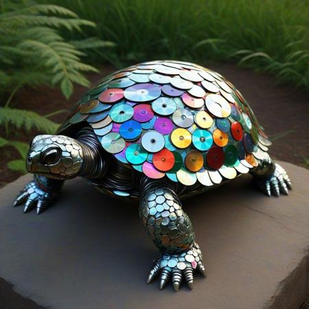 turtle made of cd's, Turtle Sculpture, CD Discs, Recycled Art, Colorful Reflective Surface, Creative Design, 3D Art Installation, Environmental Art, Upcycled Materials, Nature-Inspired, Artistic Composition, Playful Appearance, Shimmering Effect, Textured Shell, Eco-Friendly Artwork, Whimsical Style
