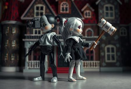 The grimdark image depicts Cursed Twin Dolls in a fascinating full-body pose, showcasing a blend of black and white colors against a vivid Cursed Dollhouse background. The dolls, positioned towards the right, exhibit unique features - the left doll has a large head with a camera, while the right doll has a smaller head with a doll hammer. Their black limbs contrast with their white bodies, and their dynamic poses add movement to the scene. The Cursed Dollhouse in the background offers depth and perspective. The image, presented in 4K and exceptional quality, highlights the lifelike details, sharp lines, and stunning colors, with a focus on the dolls' facial features and clothes. This captivating scene is rendered with Octane Render, using Raphael style, and is trending on Artstation.