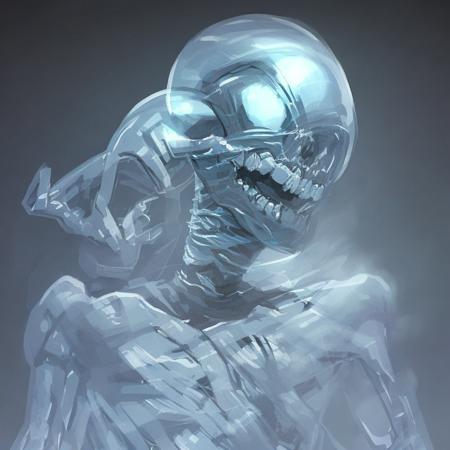 evang, a humanoid alien with a transparent skull head inside of a futuristic space suit , concept art, fantasy race, glass helmets,  his head is a skull, creature, artgerm, krenz cushart, greg rutkowski