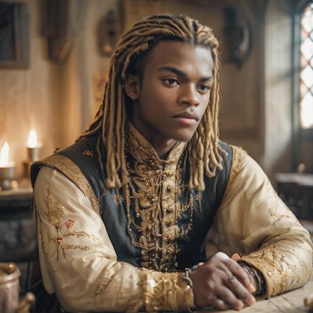 highly detailed candid photo of servant (male), 


1boy, solo, long hair, brown hair, gold jacket, embroidered jacket, dark skin, dark-skinned male, male focus, brown eyes, sitting, candle, bracelet, dreadlocks,  indoors,  depth of field,   blurry background, (medieval parlor:1.3)

depth of field, blurry background,

masterpiece, best quality:1.1, 

ultra photoreal,
photorealistic:1.0, 
depth of field:1.1, 
(edge lighting:1.2),
(shadow play:1.2),

as photographed by Nathan Wirth
