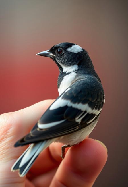 a photorealistic image of java sparrow on human's finger, from side, 4K,hires, absurdres,