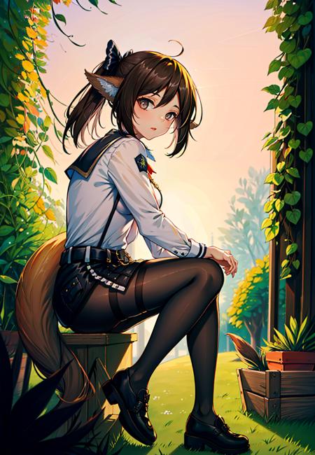 ((masterpiece,best quality)), highres, 1girl, perfumer sp, white shirt, black skirt, black pantyhose, shoes, fox tail, garden, depth of field,, ((masterpiece,best quality)), highres, 1girl,