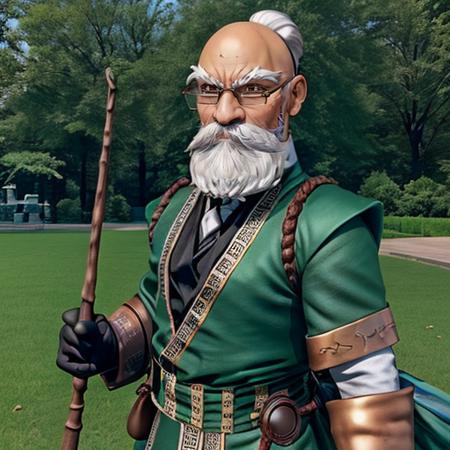 (((a man is waking in a park))) <lora:KnolanBattleChasersLora:0.7> 1boy, male focus, facial hair, beard, mustache, old man, white hair, glasses, bald, gloves, staff, Highly detailed,masterpiece, best quality