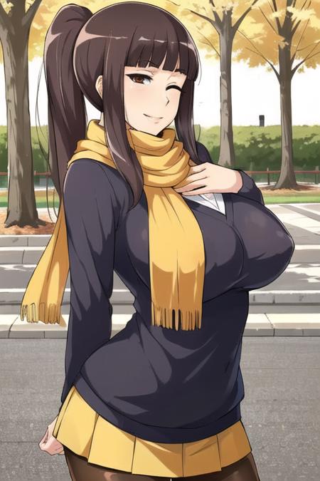 masterpiece, best quality, detailed face, detailed eyes,  <lora:HUCassandra:0.5>, HUCassandra, brown hair, ponytail, huge breasts, mature female, brown eyes, scarf, covered nipples, long hair, scarf, sweater, yellow scarf, miniskirt, pantyhose, standing, hands on own chest, from side, smirk, one eye closed, 1girl, outdoors, park,