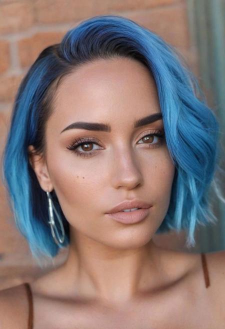beautiful young woman portrait photo, blue hair, realistic very light freckles on face, light brown eyes, latina influencer, instagram model, very slightly rough skin, realistic portrait, realistic ambience light, light makeup, large breasts