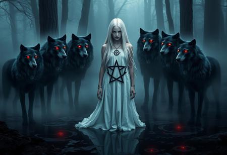 In the shadowy heart of an ancient, mist-laden forest, a pale, ethereal girl with long, silver-white hair stands amidst the fog. Blood spatters stain her delicate, flowing white dress, contrasting sharply with the intricate, black sigil of a five-pointed star emblazoned on her chest. Her eyes, glowing an unsettling crimson, fixate on the viewer with an eerie, hypnotic intensity.
Surrounding her in a protective circle are twelve sleek, spectral wolves, their fur shimmering in shades of deep indigo. Each wolf’s eyes burn with the same crimson glow as the girl’s, and around their necks hang silver medallions etched with ancient runes, each bearing a unique name. The dark, swampy ground beneath their feet is reflected in the glassy, still waters, broken only by the faint ripples of the wolves’ movements. The scene is bathed in an otherworldly light, with soft refractions and ghostly glows illuminating the mist and casting an eerie, supernatural glow over the entire tableau.