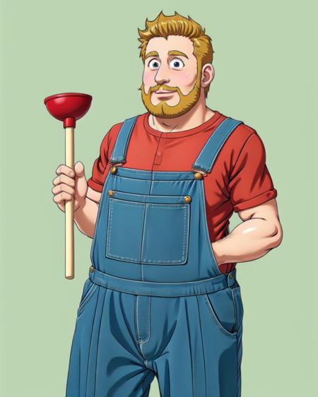 <lora:plunger:0.7>, plunger, no humans, naked_overalls, beard fat man, anime_coloring