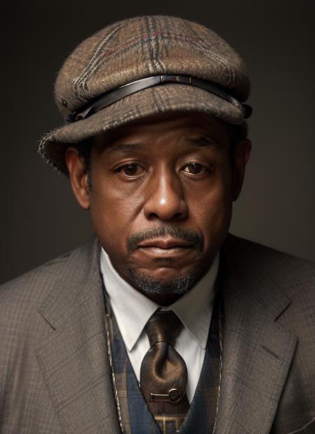 portrait of fw1,  man in Tweed jacket, newsboy cap, suspenders, vintage tie epic (photo, studio lighting, hard light, sony a7, 50 mm, matte skin, pores, colors, hyperdetailed, hyperrealistic),  <lora:ForestWhitaker:1>