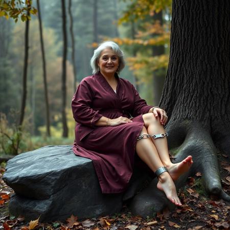 there is a woman sitting on a stone in the woods, robes with golden characters, barefoot, outdoors business portrait, lush forest in background, 
metal cuffs are locked on her ankles and chained to a tree
 inspired by Grethe Jürgens, sexy pudica pose gesture, disrobed, during autumn, relaxing after a hard day, older woman, fullbody photo, by Rajmund Kanelba, reclining, plus size woman