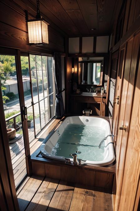 japaninterior, bathroom, bathtub, steam, dim light, ornament, mirror, ornate, detail, traditional, wooden floor,  <lora:ARWJapanInterior:1>