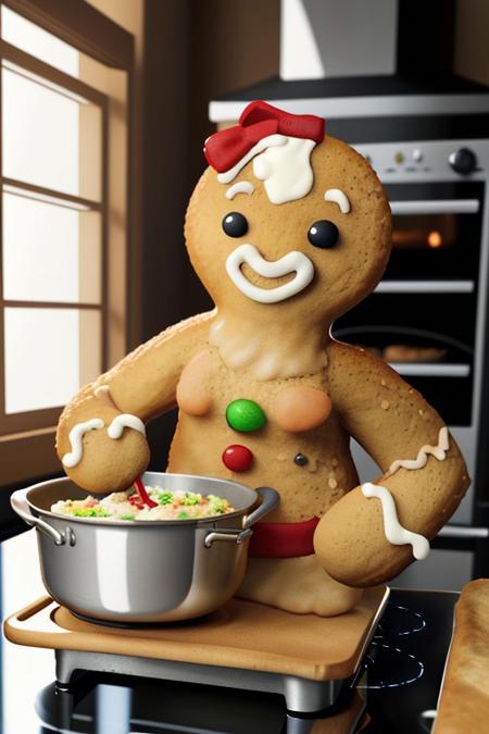 Gingerbread_Man, food, cookie, food focus, no humans, Hyper realistic character, Solo anthro furry character, Digital art of a anthro animal character cooking food in a kitchen