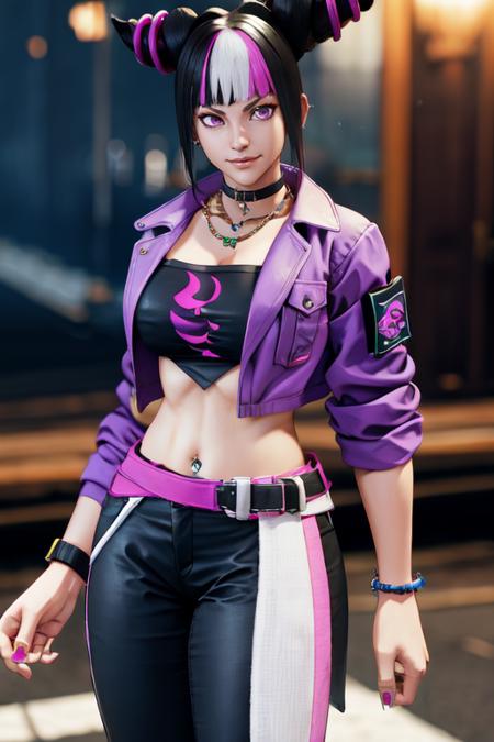 masterpiece,best quality,extreme detail,8k,<lora:juri:0.8>,juri2, 1girl, solo, breasts, looking at viewer, smile, short hair, bangs, black hair, navel, jewelry, medium breasts, closed mouth, purple eyes, jacket, purple hair, multicolored hair, open clothes, alternate costume, choker, midriff, belt, pants, blunt bangs, necklace, stomach, blurry, collar, bracelet, two-tone hair, open jacket, official alternate costume, streaked hair, strapless, alternate hairstyle, underboob, blurry background, bandages, piercing, sleeves rolled up, pocket, sarashi, alternate hair length, tube top, purple jacket, navel piercing, hair horns, pink belt