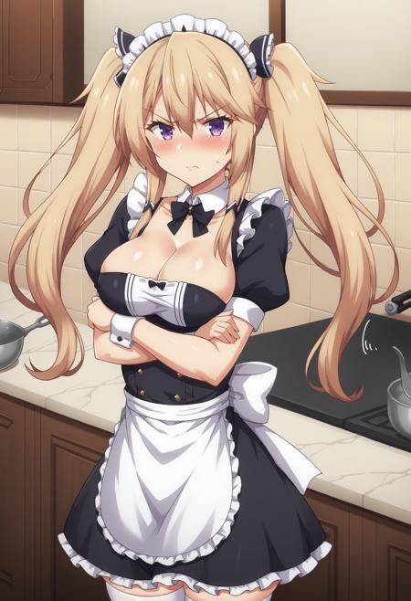 EBSasha 1girl, solo, long hair, blonde hair, hair between eyes, twintails, purple eyes, medium breasts, skirt, thighhighs, gloves, long sleeves, ribbon, hair ribbon, boots, necktie, black gloves, black thighhighs, black footwear, thigh boots, garter straps,