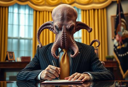 president cthulu in a sharp pin striped suit posing for presidential portrait in the oval office, real photograph, signing bill, empty eyes, lovecraftian, vote for cthulu photorealistic, correct hands, correct fingers, seal of the president of the united states, ad to vote, republican, election