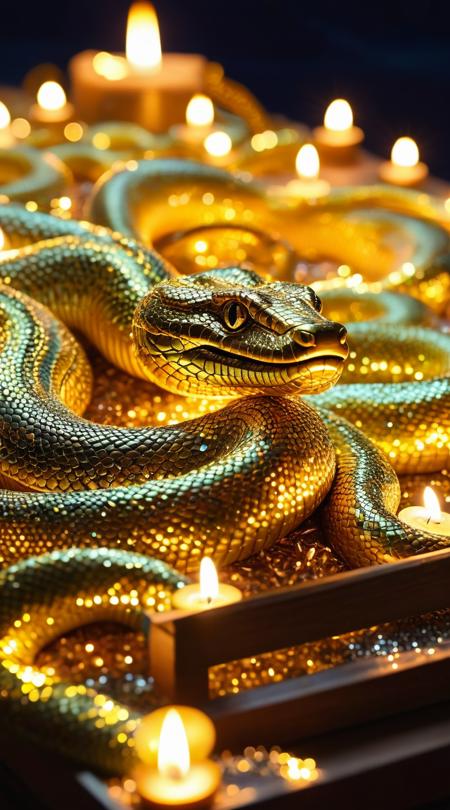 Thorn-wrapped serpents, baking a sumptuous feast, Sunset radiance, muggy with thick air, soft candlelight yellows, three-quarter view angle, full body action shot, outsider art unconventional, shimmering sequin details, aurora borealis lighting, dynamic rectangle cinematic, piercing laser beams.