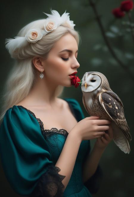 A close-up portrait photograph captures a beautiful young woman and a vibrant owl in an intimate moment. The woman, 
positioned on the right side of the image, 
wears a flowing, 
deep teal gown with puffy sleeves and intricate lace details along the edges of the shoulders and sleeves. Her long platinum blonde hair with a small green heart-shaped accessory. Her serene expression, 
with closed eyes, 
adds to the tranquil atmosphere as she holds a vivid red rose close to her lips. The owl, 
perched on a branch to the left, 
displays brilliant white feathers on its head and body, 
transitioning to peach-color on its tail, 
Its beak is open as it appears to be nibbling gently at the rose petals. The background is softly blurred, 
consisting of dark green hues suggesting a forest setting, 
which enhances the focus on the subjects. The lighting is soft and diffused, 
creating a dreamy, 
ethereal quality to the scene and highlighting the textures of the feathers and the delicate petals of the rose. The overall composition is balanced and intimate, 
with high contrast and saturation emphasizing the vivid colors of the owl and the rose, 
while the shallow depth of field keeps the main subjects in sharp focus against the dreamy, 
blurred background.by Galr Dfh