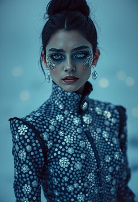 By Eric Lacombe By Patrice Murciano Frostpunk Fashion Photography, blue and silver, minimalism, smoked eye shadow, illuminated silver bulging biomorphic dot pattern, clouds landscape, knife flowers, bokeh ashes, volumetric particle dust, powdered paint pigment, vivid color, misty aether houte - couture rococo metal  clothing, holga medium format camera, etherial lighting, backlighting, in the style of. . ., professional ominous concept art, by artgerm and greg rutkowski, an intricate, elegant, highly detailed digital painting, concept art, smooth, sharp focus, illustration, in the style of simon stalenhag, wayne barlowe, and igor kieryluk.