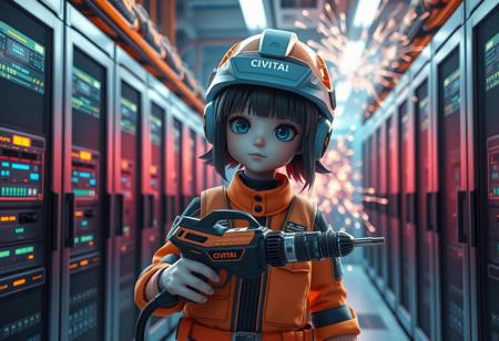 just one cute android girl with construction helmet, holding a futuristic drill, in a server room, multilple servers and monitors, it says "CIVITAI" on the helmets, impressive electric arcs and sparks in the background, lucid dream-like 3d model, photorealism, cinematic realism, unreal engine