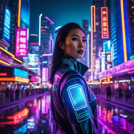 Portrait of an Asian woman standing in a vibrant, futuristic city filled with neon lights, holographic advertisements, and sleek skyscrapers. She wears a high-tech outfit with glowing accents, and the city lights reflect off her sleek, modern attire.