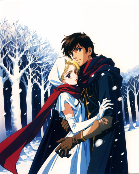 yuuki nobuteru, 1990s \(style\), 1boy, 1girl, blonde hair, cloak, dress, elbow gloves, forest, gloves, hood, hood up, hug, nature, outdoors, red scarf, retro artstyle, scarf, snowing, white dress,  ((masterpiece)) <lora:yuuki_nobuteru_offset:1>