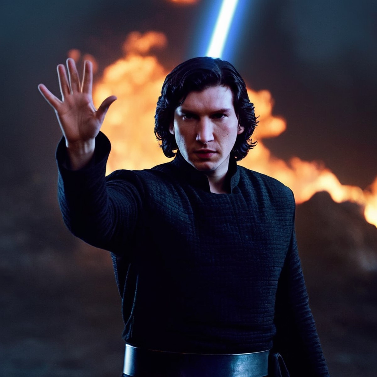 cinematic film still of  <lora:Ben Solo:1>
Ben Solo a man in a black outfit raising his hand with fire in the background  ...