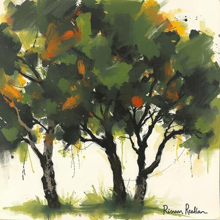 painting of trees, rendered with bold, expressive smudges and unfinished strokes
