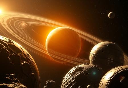 "A Solar system, Heliosphere, Heliopause, 
Artifical metallic planets, galaxy suturation background, Realistic Lighting, cinematic scene, dramatic lens flare, cinematic atmosphere. Hyper-realistic, 3D render, 4K resolution. Cinematic lighting brings out the depth and detail in every engraving, armor texture, and metallic surface, with a subtle film grain overlay that adds realism and texture."
