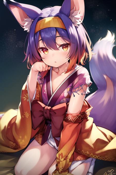 ((masterpiece, best quality:1.2)), (ultra-detailed:1.2), <lora:IzunaLora:1>, kimono, hairband, fox ears, fox tail, sitting, hand between legs, hand on face, open mouth, white background, 5 fingers, volumetric lighting, realistic, realistic lighting, 8k, cinematic lighting, depth of field, perfect, hyper-detailed,