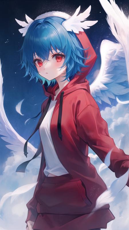 1girl, blue hair, red eyes, hoodie, angel, angel wings,  short hair, (solo:1.3),  <lora:MatchaStyleV1:1>