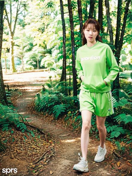 LSKyung, standing in a forrest, wearing sports clothes, detailed face, (8k, RAW photo, best quality, masterpiece:1.2), (realistic, photo-realistic:1.37), professional lighting, photon mapping, radiosity, physically-based rendering  <lora:LSKyung:1>